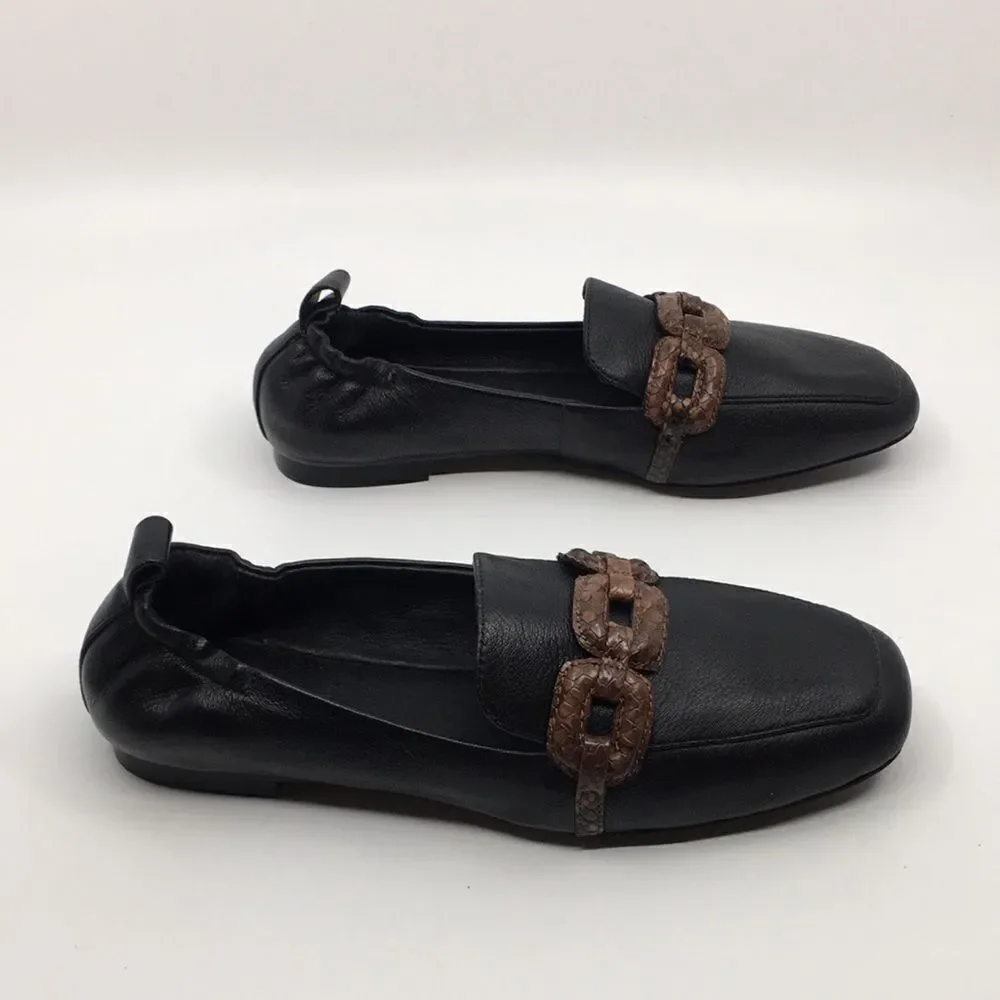 Sanctuary Blast Chain Leather Loafer Flats Sz 6 Black Pebble Brown Snakeskin